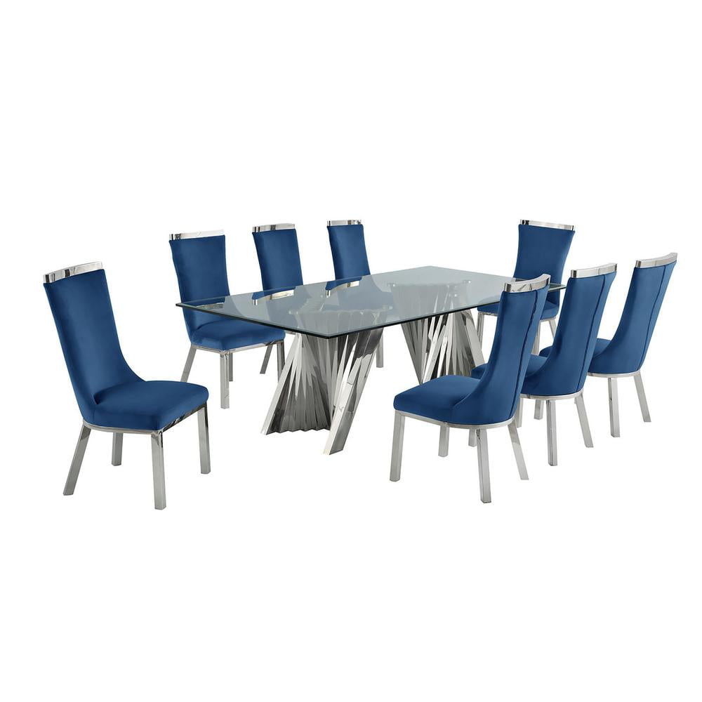 Navy Blue Velvet and Clear Glass 9-Piece Dining Set