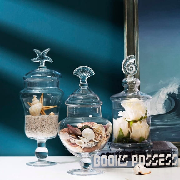 Clear Glass Apothecary Jars with Lid, Decorative Seashell Design Bathroom Canister, Footed Candy Buffet Containers, Set of 3