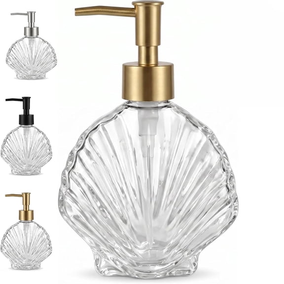 Clear Glass Beach Seashell Shaped Soap Dispenser, Refillable Coastal Hand Soap Pump for Bathroom Kitchen Vanity Decor