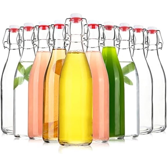 Clear Glass Bottle with Swinging Top for Airtight Lids, 16oz 10 Pack Beer Bottles with Flip Caps, Home Brewing and Fermentation Kombucha, Vanilla Extract, Beverage, Water, Kefir