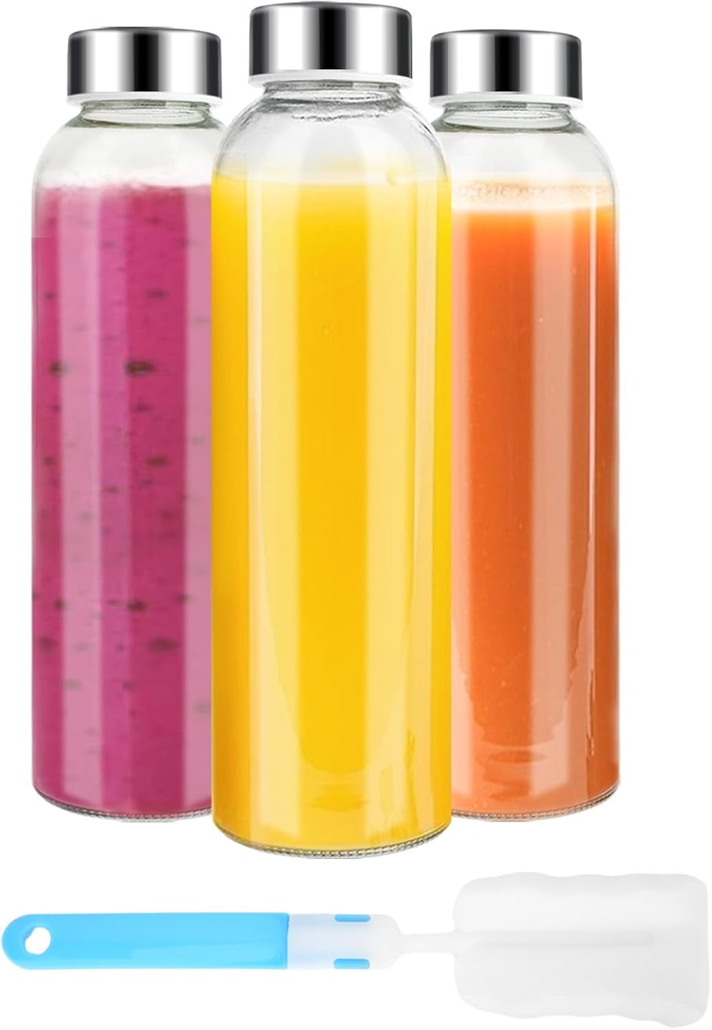 Clear Glass Bottles with Lids 18 oz, Reusable Glass Water Bottles with Stainless Steel Cap for Refrigerator, Juicing, 100% Leak Proof, BPA Free, Juice Bottle Drinking Jar Containers Set of 3