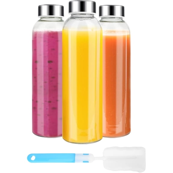 Clear Glass Bottles with Lids 18 oz, Reusable Glass Water Bottles with Stainless Steel Cap for Refrigerator, Juicing, 100% Leak Proof, BPA Free, Juice Bottle Drinking Jar Containers Set of 3