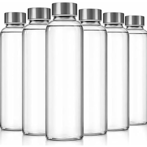 Clear Glass Bottles with Lids, 18oz Resuable Glass Water Bottles for Juicing with Stainless Steel Cap to store Milk, Smoothie, etc., 100% Leak Proof, Durable and Dishwasher Safe (Set of 6)