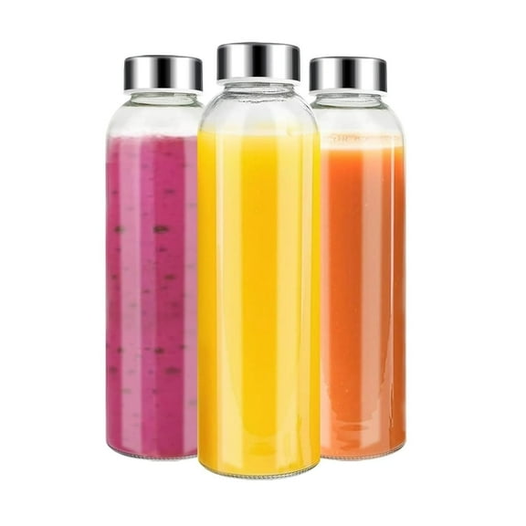 FacoFaco Set of 3 Clear Reusable 18 oz Glass Bottles with Lids for Juicing, Refrigerator, BPA Free Eco Friendly