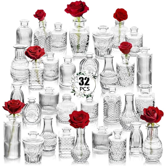 Clear Glass Bud Vase Set of 32 Pcs,Small Vases in Bulk,Glass Crystal Flower Table Centerpieces for Party Event Wedding Decor Baby Shower Decorations (Clear, Pcs)