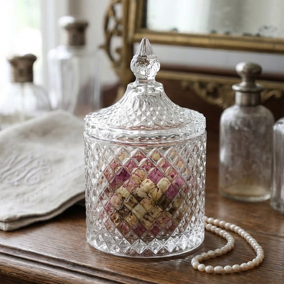 Clear Glass Candy Jar, Decorative Storage Container, Diamond Cut Design, 3.92.42.4 Inch, For Cotton Balls, Kitchen, Bathroom, Bedroom