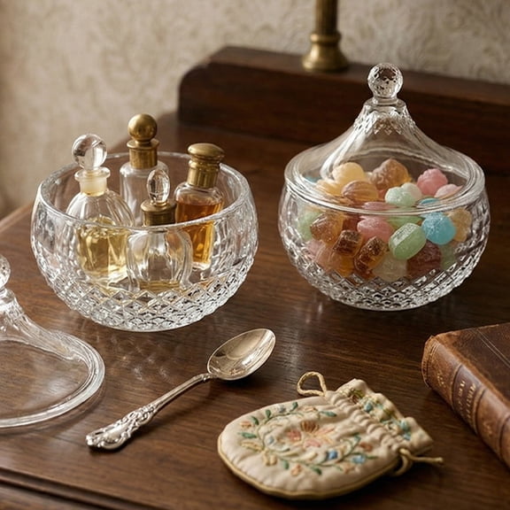 Clear Glass Candy Jar with Lid Diamond Cut Decorative Storage Container for Cotton Ball Bathroom Kitchen Vanity