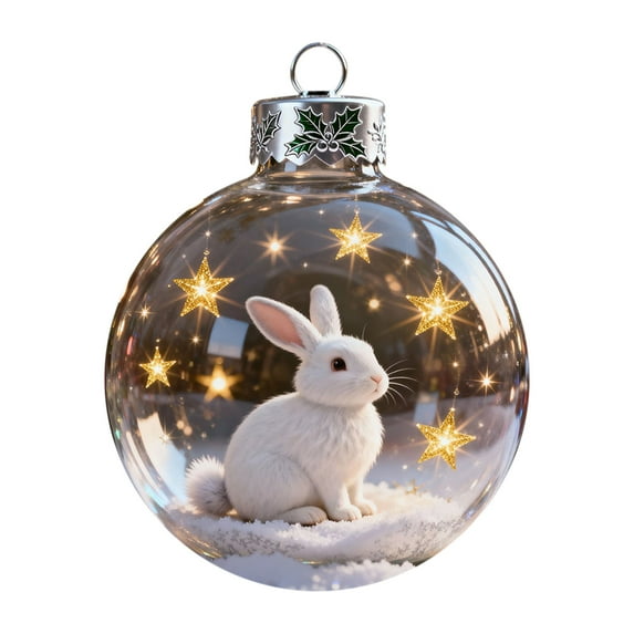 Clear Glass Christmas Balls with Exquisite Leaf Hanging Loop,Snowflake Christmas Ball Ornaments with Sparkling Glitter,Animal Themed Christmas Tree Decorations for Holiday Home Christmas Decor-Rabbit