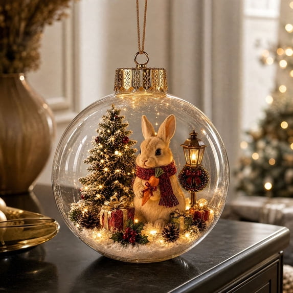 Clear Glass Christmas Ornament Ball with Bunny Rabbit, Mini Christmas Tree Scene Inside, Gold Crown Hanging Tree Decoration, 3.2x3.2 Inch, 1 Count