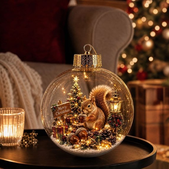 Clear Glass Christmas Ornament Ball with Squirrel, Mini Tree Scene Inside, Gold Crown Hanging Tree Decoration, 3.2x3.2 Inch, 1 Count