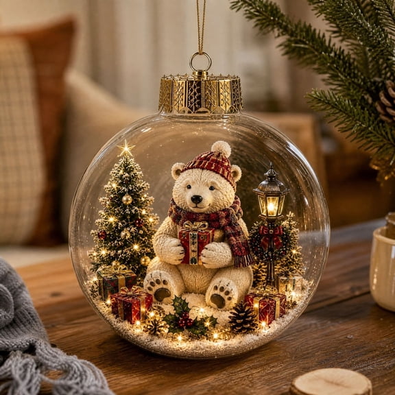 Clear Glass Christmas Ornament Ball with Teddy Bear, Mini Christmas Tree Scene Inside, Gold Crown Hanging Tree Decoration, 3.2x3.2 Inch, 1 Count