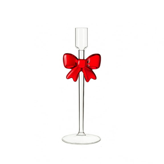 Clear Glass Christmas Taper Candle Holder with Bow - Tall Pedestal Butterfly Design Candle Stand, Romantic Home & Dining Room Decor, Holiday Decoration for Christmas, Weddings & Special Occasions, B