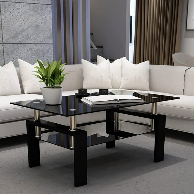 Clear Glass Coffee Table Metal Tube (AllBlack)