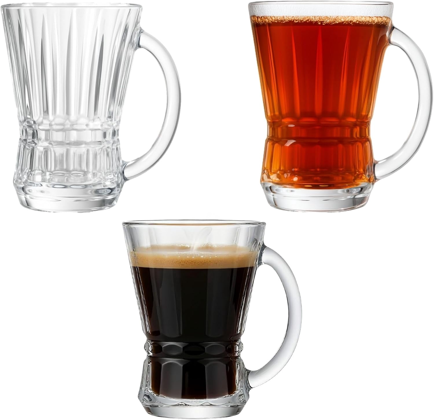Clear Glass Coffee and Tea Cups with Handle, Set of 6, 5 oz (150 ml) Glass Mugs for Espresso, Cappuccino, Latte, Mocha, Macchiato, Hot and Cold Beverages, Turkish Tea Glasses, Dishwasher Safe