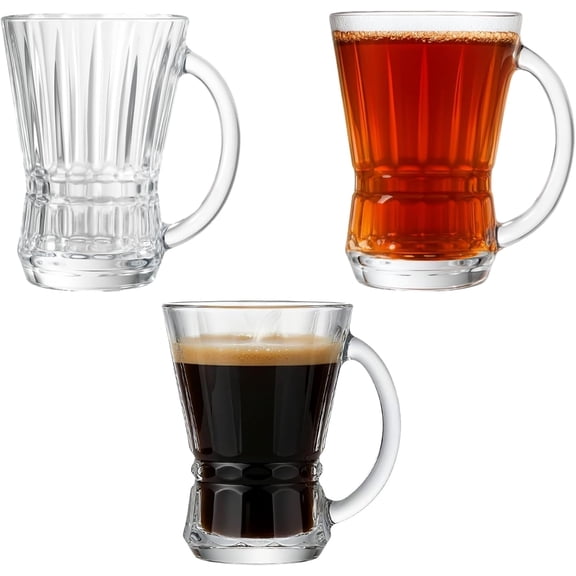 Clear Glass Coffee and Tea Cups with Handle, Set of 6, 5 oz (150 ml) Glass Mugs for Espresso, Cappuccino, Latte, Mocha, Macchiato, Hot and Cold Beverages, Turkish Tea Glasses, Dishwasher Safe