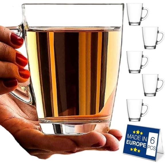 Clear Glass Coffee Tea Mugs Set of 6, Teacups with Handle, Cups Set for 6, Coffee Tea Service Set of 6, Traditional Glass Mugs for Beverages, 8.5 Oz (250cc)
