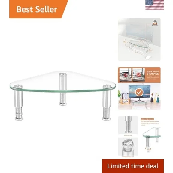 Clear Glass Computer Monitor Riser / Triangle Desktop Universal Corner Stand ...