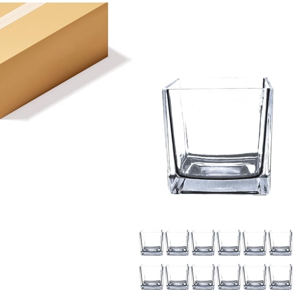 Clear Glass Cube Vase, 5" x 5" x 5", Candle Holder & Floral Container for Home Decor, Wedding, Terrarium, or Storage (12-Pack)