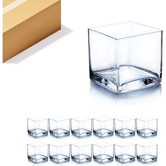 Clear Glass Cube Vase Set, 4" x 4" x 4", Hand-Blown Decorative Container for Candles, Flowers, Terrariums, Home & Event Decor (12 Pieces)