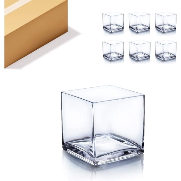Clear Glass Cube Vase Set, 6" x 6" x 6", Hand-Blown Decorative Container for Candles, Flowers, Terrariums, Home & Event Decor (6 Pieces)