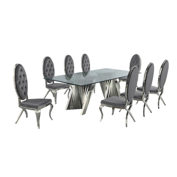 Clear Glass Dining Set with Table and 8 Gray Velvet Chairs