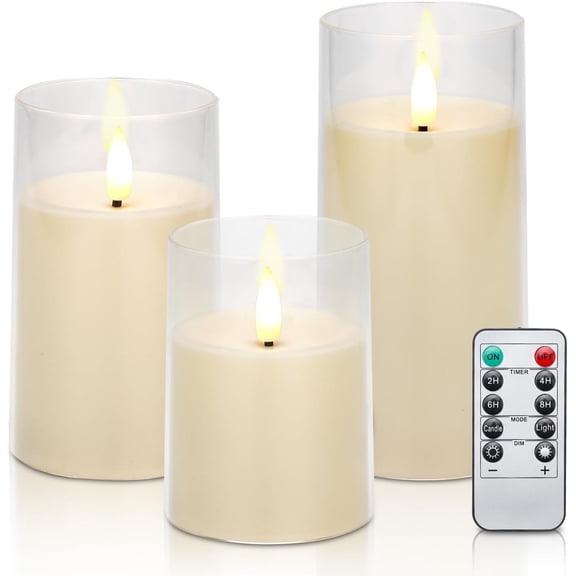 Clear Glass Flameless Candles Battery Operated with Timer, Remote Control, LED Pillar Candles Battery Powered, D3 H4 5" 6", Set of 3 (Ivory White)