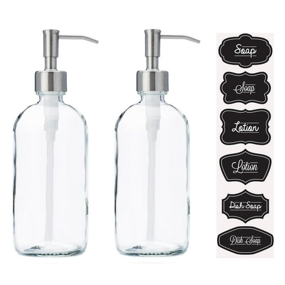 Clear Glass Jar Soap and Lotion Dispenser with Stainless Steel Pump - 16 oz - 2 Pack