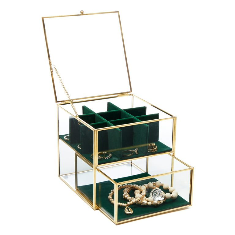 Clear Glass Jewelry Storage Box with Drawers for Women, Green Velvet Tray  Organizer and Lid, Gold, 5.5 x 6.1 in 