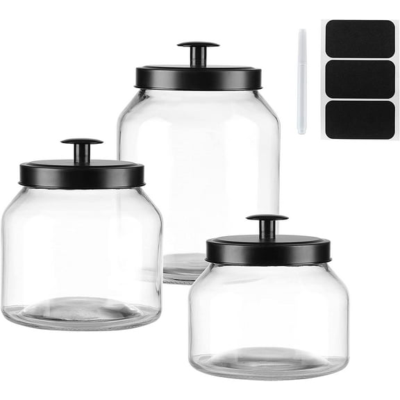 Clear Glass Kitchen Canister Set, Cookie Jar, Food Storage Container, Bathroom Jar with Metal Airtight Lid (Black)