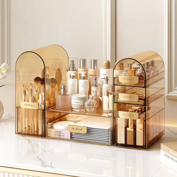 Clear Glass Makeup Organizer with Gold-Tone Frame, Countertop Vanity Cosmetic Display Case for Skincare, Perfume, Lipsticks and Makeup Brushes by Tilnce