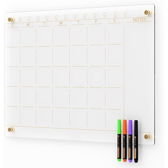 Clear Glass Monthly Dry Erase Calendar Non- Whiteboard for Wall, 17" x 23", Frameless Large Monthly Menu Planner White Board for Kitchen & Office, 4 Markers Included,