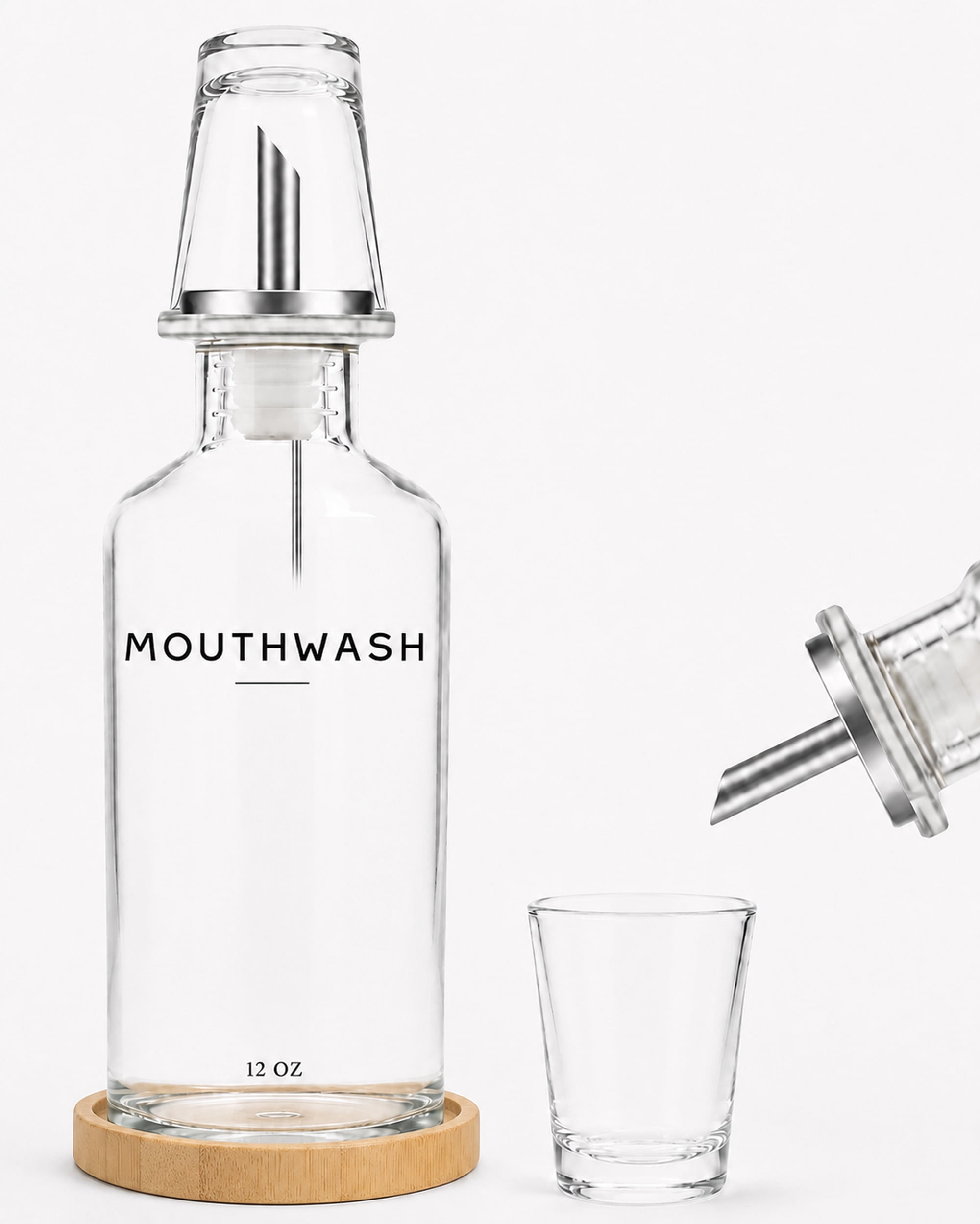 Clear Glass Mouthwash Dispenser Set with Cup and Bamboo Tray, 12 oz Bathroom Countertop Accessory