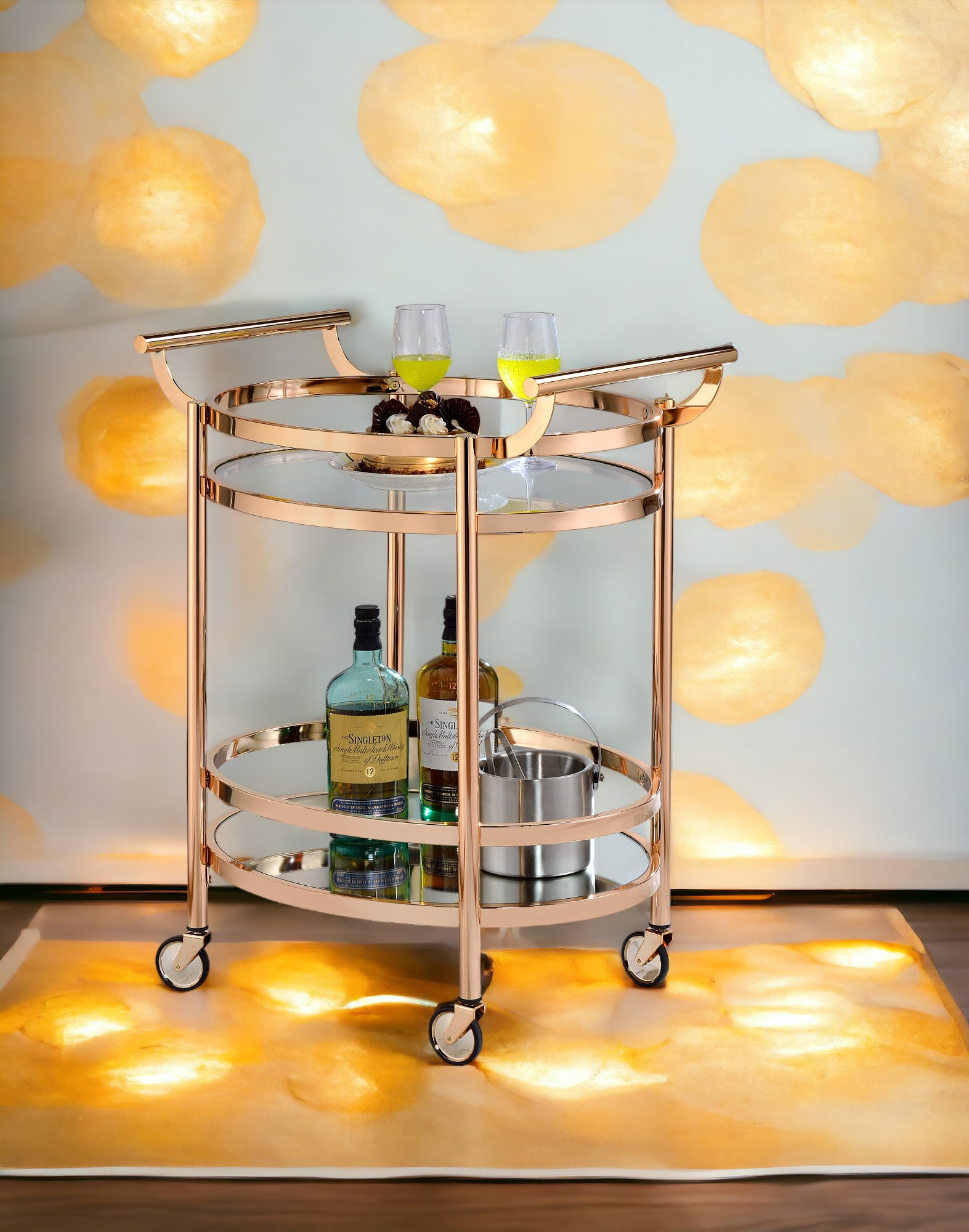 Clear Glass & Rose Gold Finish Serving Cart