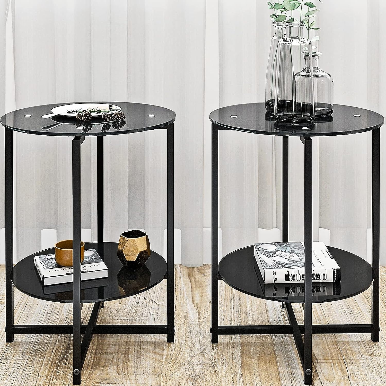 Clear Glass Round End Tables Living Room Set of 2, Small Round Table