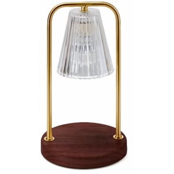 Merkury Innovationss Clear Glass Shade Candle Warmer with Brass Hardware and Dark Wood Base