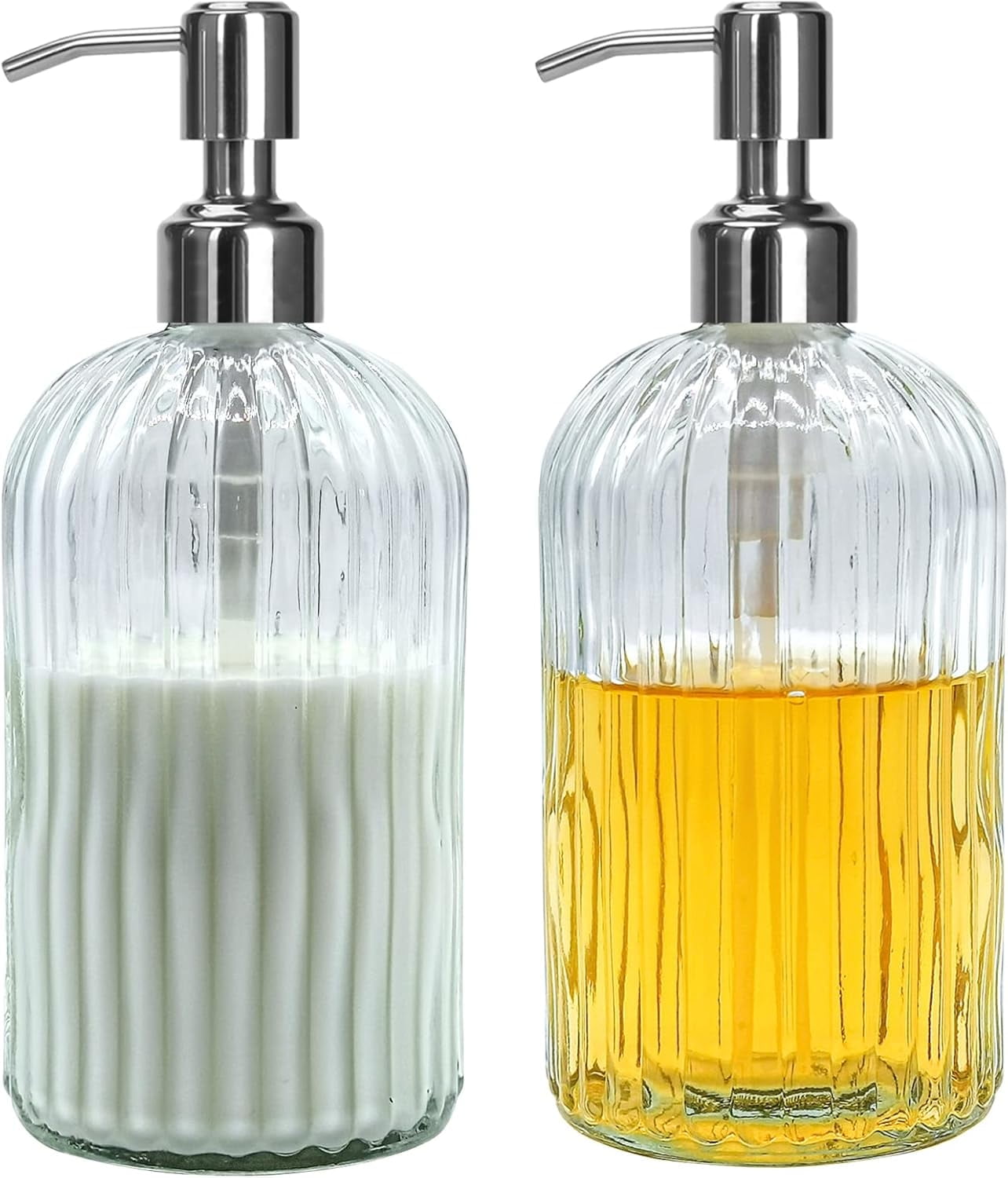 Clear Glass Soap Dispenser Set 15 oz - 2 Pack Refillable Liquid Dispenser Bottles with Stainless Steel Pump for Kitchen, Bathroom Countertop