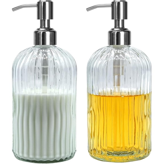 Clear Glass Soap Dispenser Set 15 oz - 2 Pack Refillable Liquid Dispenser Bottles with Stainless Steel Pump for Kitchen, Bathroom Countertop