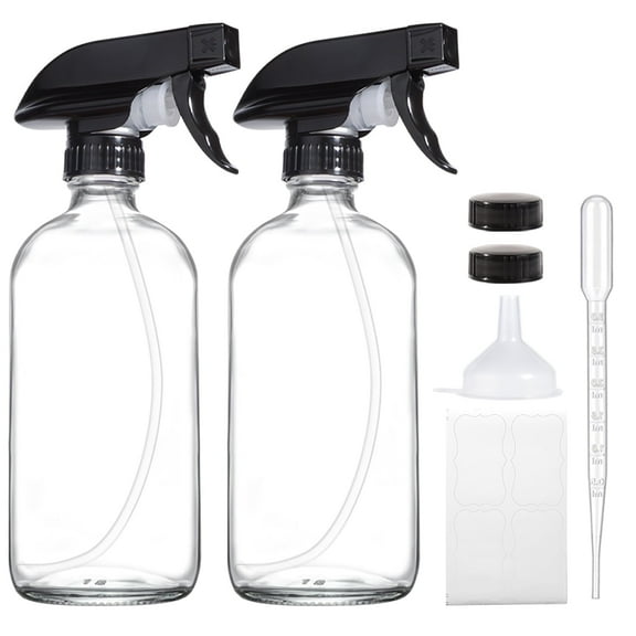 Clear Glass Spray Bottles 2 Pack, 16 oz Refillable Empty Spray Bottle for Cleaning, Essential Oils, Hair, Plants, Adjustable Nozzle for Squirt and Mist, Bleach/Vinegar/Rubbing Alcohol Safe