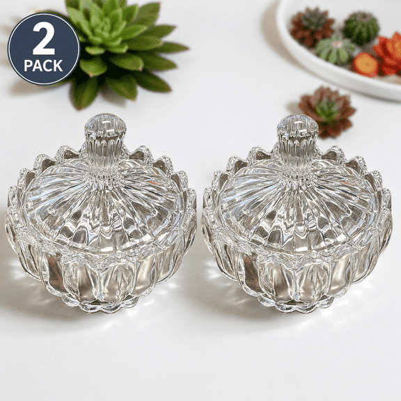Glass Sugar Bowl with Lid, 8 oz Clear Crystal Sugar Pot, Covered Candy Dish, Glass Spice Container for Sugar, Sweetener, Coffee Bar & Tea Station, Pack of 2