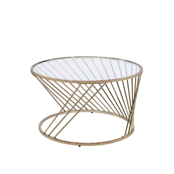 Clear Glass Top Coffee Table With Champagne Metal Drum Base, Contemporary Look, 32x32x18in, 33lb Champagne - Adds Elegance To Living Area