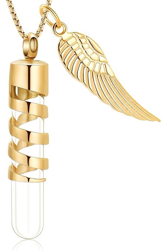 Clear Glass Tube Cremation Urn Jewelry Ashes Holder Urn Necklace for Ashes With Wings Keepsake Memorial Pendant Including Box/Fill Kits