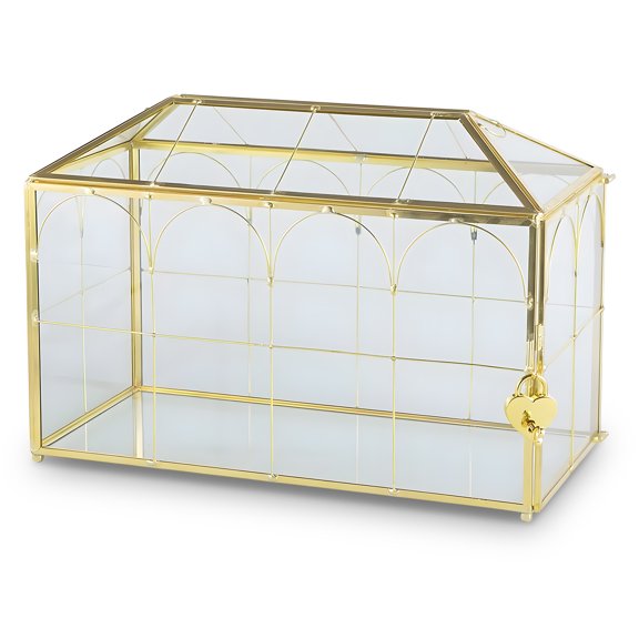 Clear Glass Wedding Card Box with Lid Copper Wire Design Envelope Keepsake Holder Dustproof for Reception Table Decor Gift 32x15x22.8cm