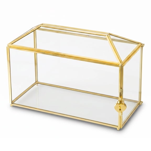 Clear Glass Wedding Card Box with Lid Copper Wire Design Envelope Keepsake Holder Dustproof for Reception Table Decor Gift 32x15x22.8cm
