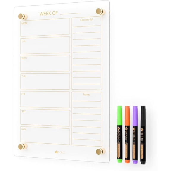 Clear Glass Weekly Dry Erase Calendar & Menu Non-Magnetic Whiteboard for Wall, Meal Plan & Grocery List White Board for Kitchen, 15x11, 7 Days Home Planner, 4 Wet Erase Markers Included,