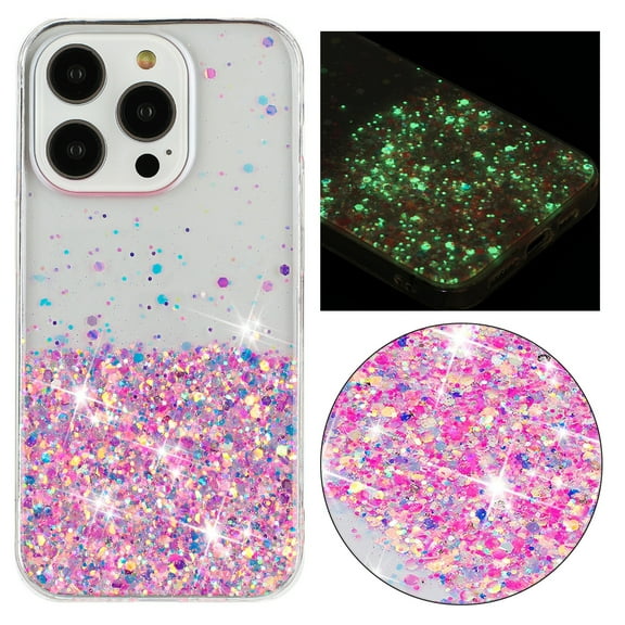 Clear Glitter Case Designed for iPhone 16 Pro Max, Luminous Effect Bling Sparkly Soft TPU Bumper Hard Cover for Women Girls Transparent Protective Phone Case for iPhone 16 Pro Max, Pink