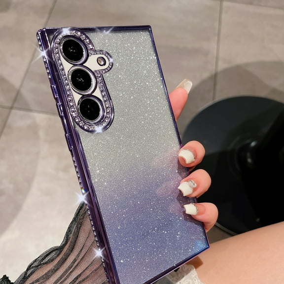 Clear Glitter Case for Samsung Galaxy A25 5G, Luxury Bling Sparkly Diamond Rhinestone with Camera Protection Soft TPU Plating Bumper Slim Transparent Women Girls Wireless Charging Case,Purple