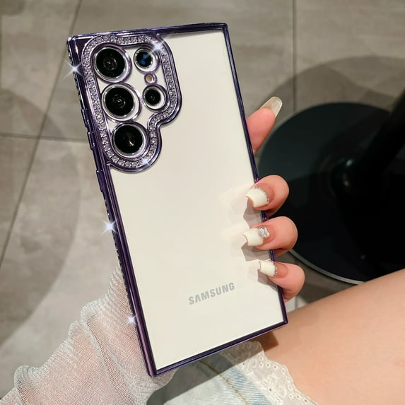 Clear Glitter Case for Samsung Galaxy S23 Ultra, Cute Luxury Bling Sparkly Diamond Rhinestones with Camera Protector Soft TPU Plating Bumper Slim Transparent Women Girls Case,Purple