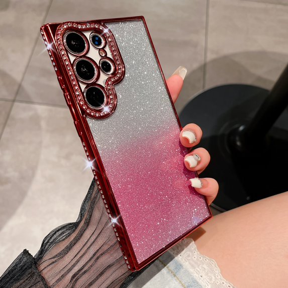 Clear Glitter Case for Samsung Galaxy S24 Plus, Luxury Bling Sparkly Diamond Rhinestone with Camera Protection Soft TPU Plating Bumper Slim Transparent Women Girls Wireless Charging Case,Red