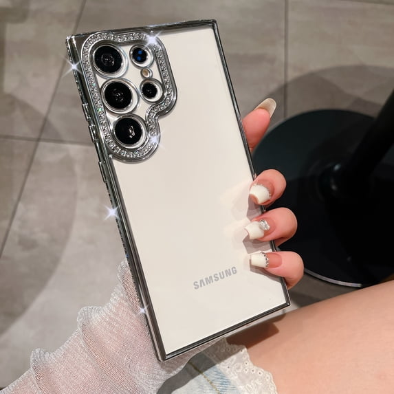 Clear Glitter Case for Samsung Galaxy S24 Ultra, Cute Luxury Bling Sparkly Diamond Rhinestones with Camera Protector Soft TPU Plating Bumper Slim Transparent Women Girls Case,Silver