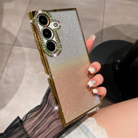 Clear Glitter Case for Samsung Galaxy S25, Luxury Bling Sparkly Diamond Rhinestone with Camera Protection Soft TPU Plating Bumper Slim Transparent Women Girls Wireless Charging Case,Gold